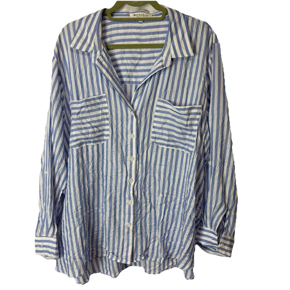 Workshop Women’s Striped Rayon Lyocell Top 3X Button Down Roll Tab Sleeve Blue‎